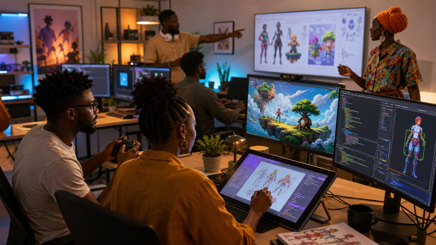 Editorial illustration of African independent game developers
