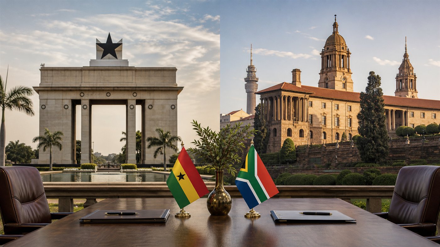 Editorial illustration of Ghana and South Africa diplomatic relations