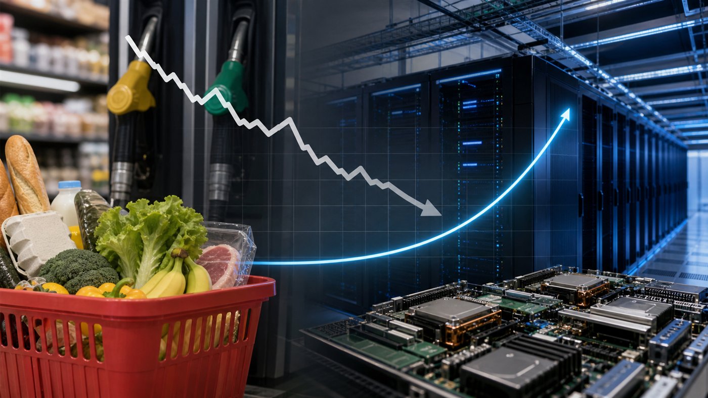 Editorial illustration of inflation and artificial-intelligence infrastructure investment