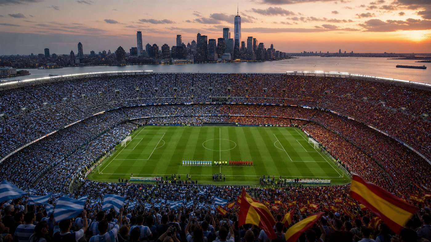 Editorial illustration of Argentina and Spain preparing for a football final