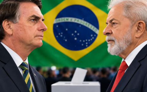 Brazil runoff poll illustration: two political figures face each other before Brazil’s flag and a ballot box